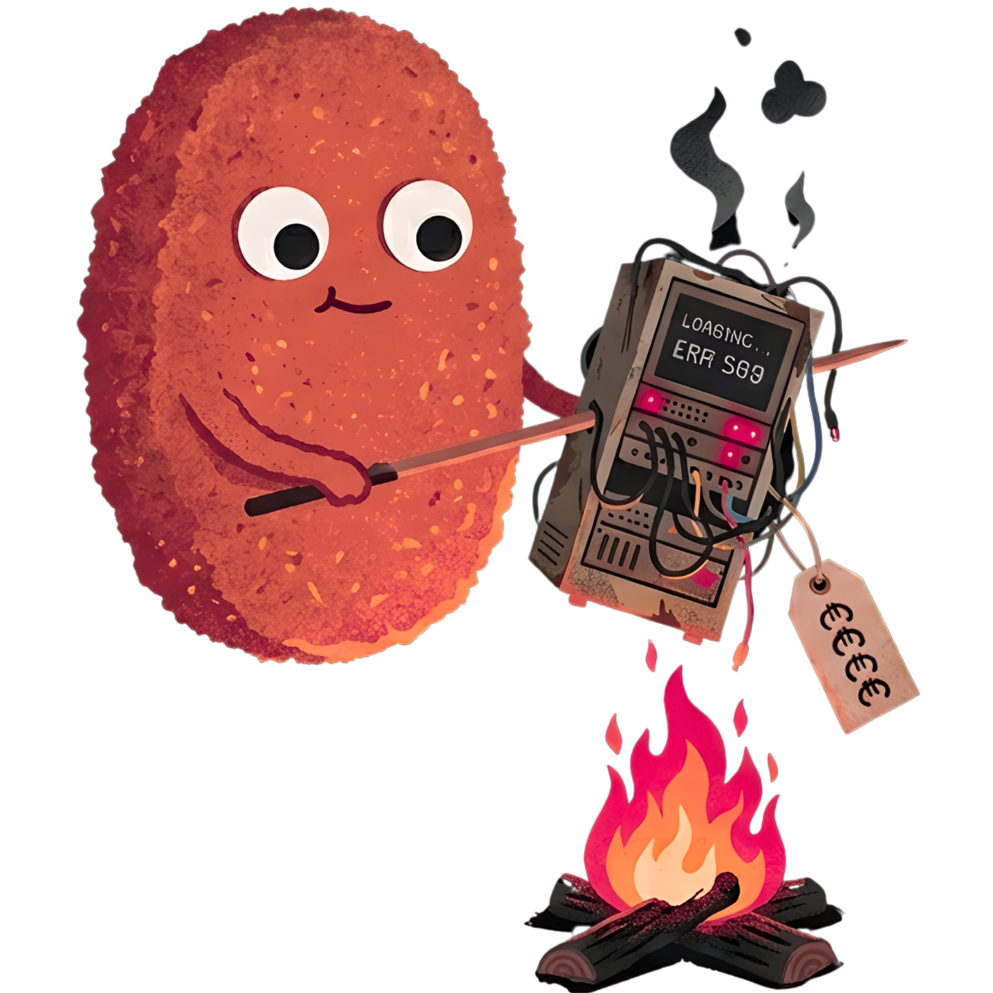 Kotletti mascot — a golden cutlet with googly eyes roasting a legacy system on a bonfire